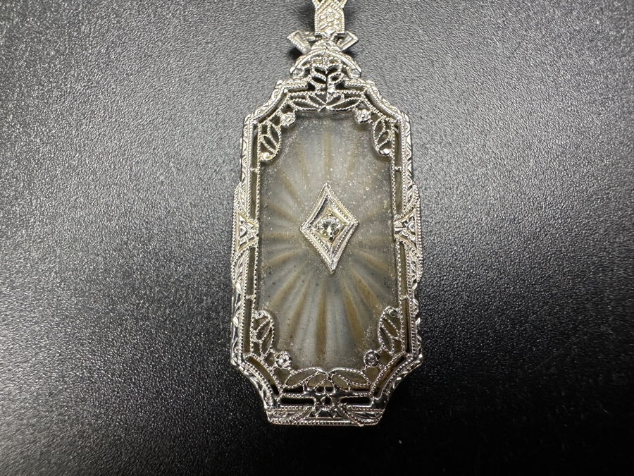 Just Added - Antique Art Deco 14k White Gold Camphor Glass Pendant With Diamond And 14k White Gold 16' Chain Necklace 5.0g Estimate $2,000 [Photo 4]