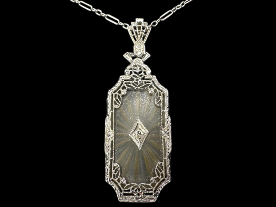 Just Added - Antique Art Deco 14k White Gold Camphor Glass Pendant With Diamond And 14k White Gold 16' Chain Necklace 5.0g Estimate $2,000
