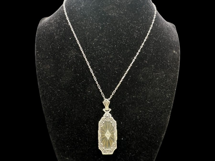 Just Added - Antique Art Deco 14k White Gold Camphor Glass Pendant With Diamond And 14k White Gold 16' Chain Necklace 5.0g Estimate $2,000 [Photo 2]