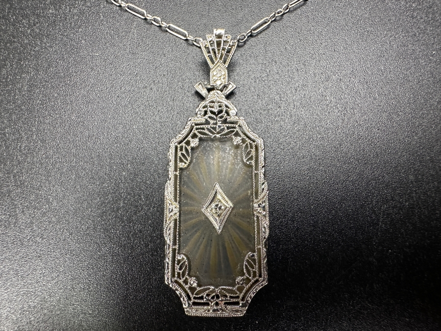 Just Added - Antique Art Deco 14k White Gold Camphor Glass Pendant With Diamond And 14k White Gold 16' Chain Necklace 5.0g Estimate $2,000 [Photo 3]