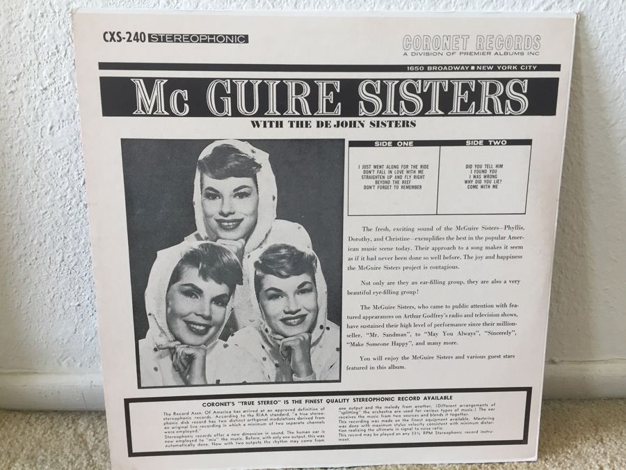 McGuire Sisters, The Also DeJohn Sisters, The Featuring Charlie Francis - Starring The McGuire Sisters - Coronet Records ‎– CXS-240 [Photo 2]