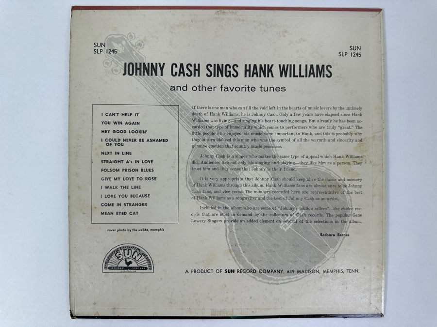Johnny Cash - Sings Hank Williams Sun Records, SUN LP 1255, 1960 Vinyl Record [Photo 2]