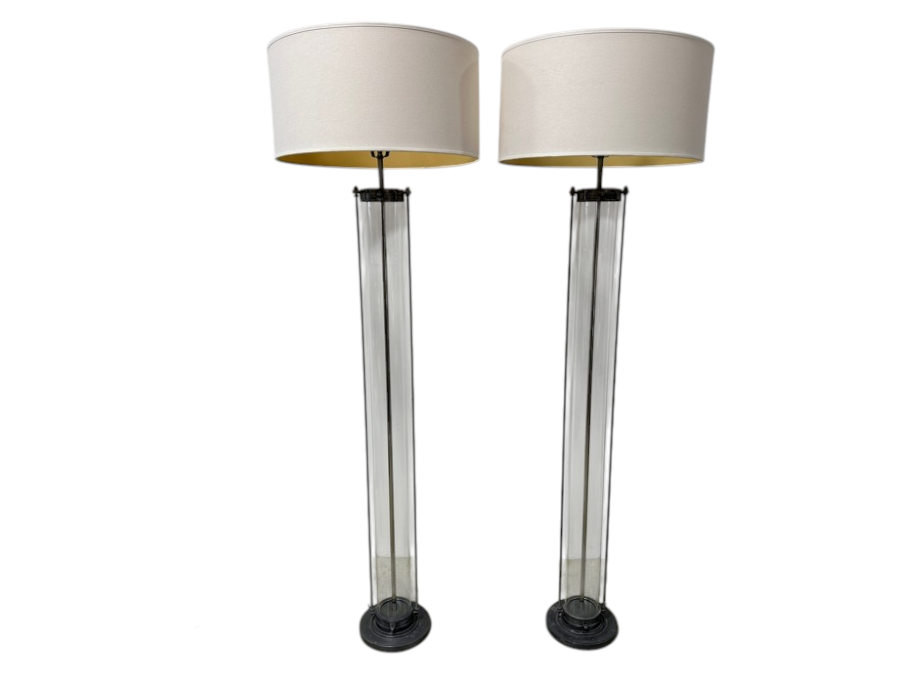 Just Added - Pair Of Restoration Hardware Flatiron Steel And Glass Floor Lamps 75'H