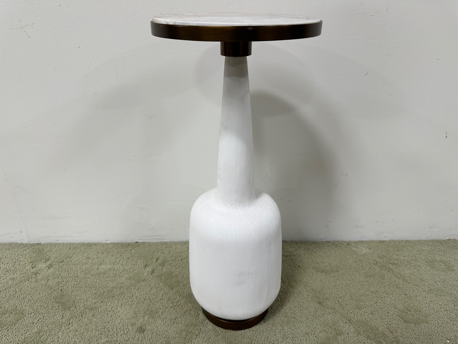 Just Added - White Modern Side Table With Round Marble Top With Dark Bronze Rim And A Sculptural Curved Base 10W X 24H [Photo 4]