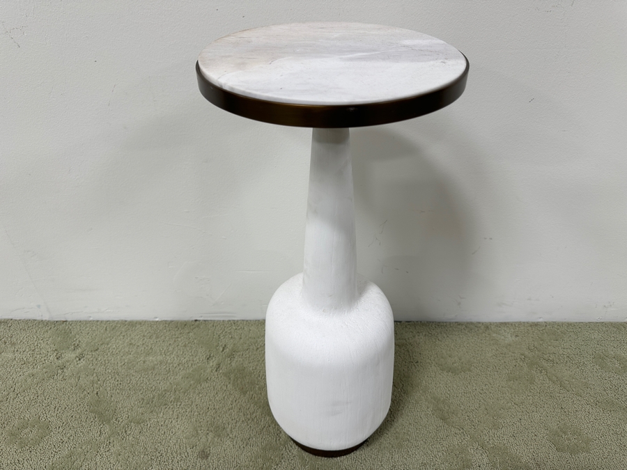 Just Added - White Modern Side Table With Round Marble Top With Dark Bronze Rim And A Sculptural Curved Base 10W X 24H [Photo 3]
