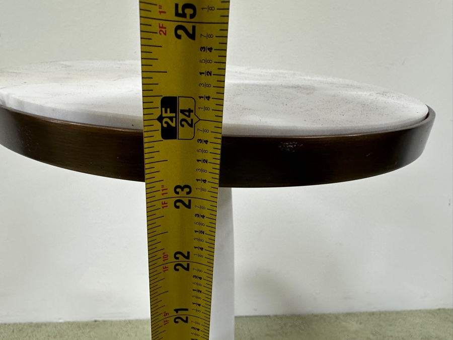 Just Added - White Modern Side Table With Round Marble Top With Dark Bronze Rim And A Sculptural Curved Base 10W X 24H [Photo 7]