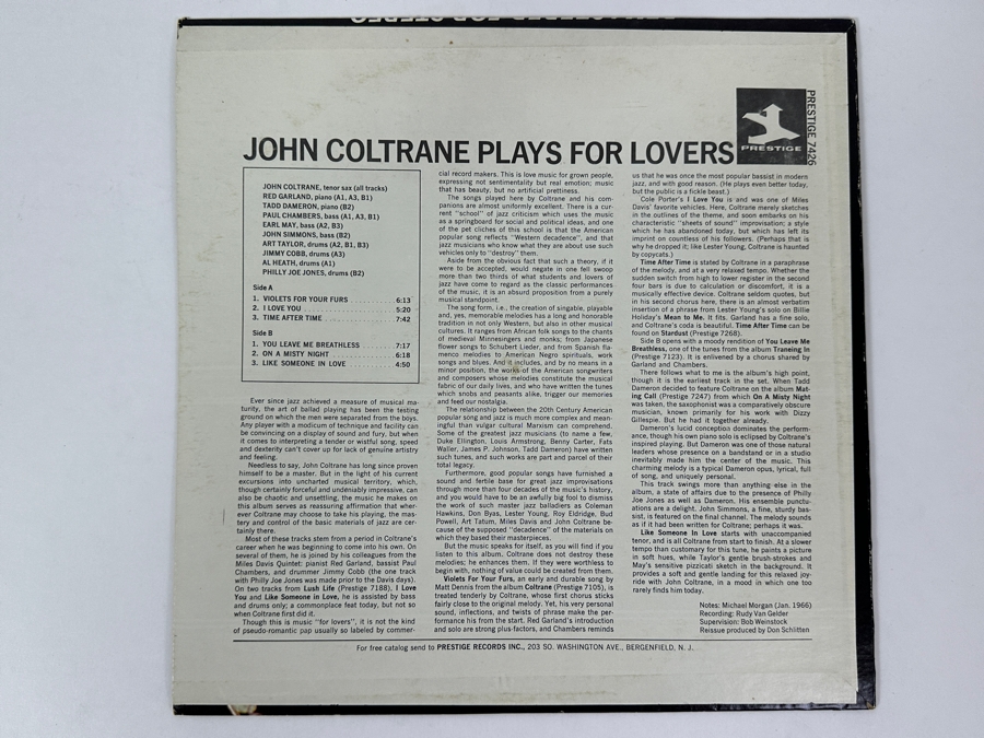 John Coltrane - Plays For Lovers, Prestige PR 7426, 1966 Vinyl Record [Photo 2]