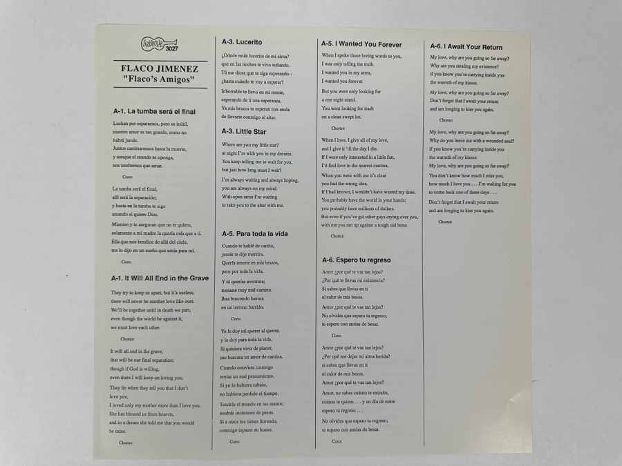 Flaco Jimenez - Flaco's Amigos, Arhoolie, 3027, 1988 Vinyl Record [Photo 6]