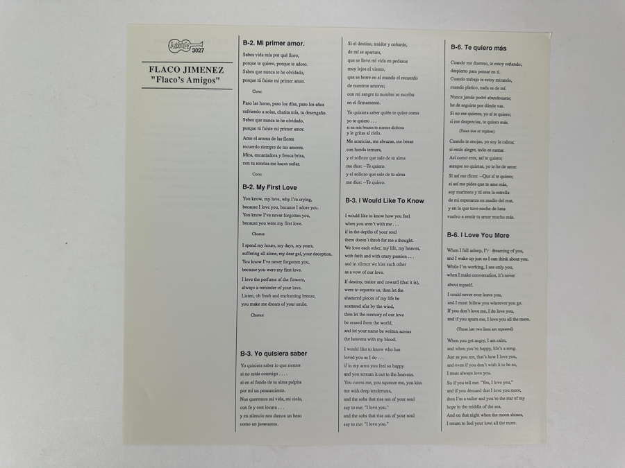 Flaco Jimenez - Flaco's Amigos, Arhoolie, 3027, 1988 Vinyl Record [Photo 5]