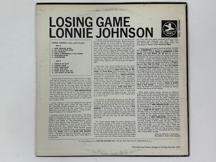 Lonnie Johnson - Losing Game, Prestige Records PR 7724, 1968 Vinyl Record [Photo 2]