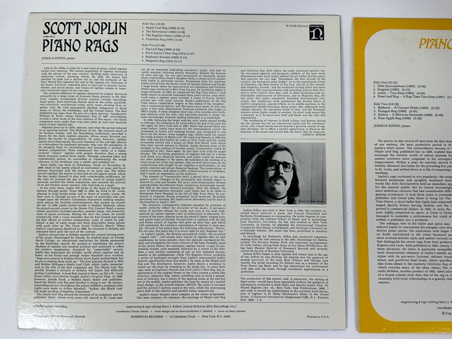 Joshua Rifkin (Piano) - Piano Rags By Scott Joplin Volumes I & II, Nonesuch HB-73026, 1973 2 x Vinyl Record [Photo 5]