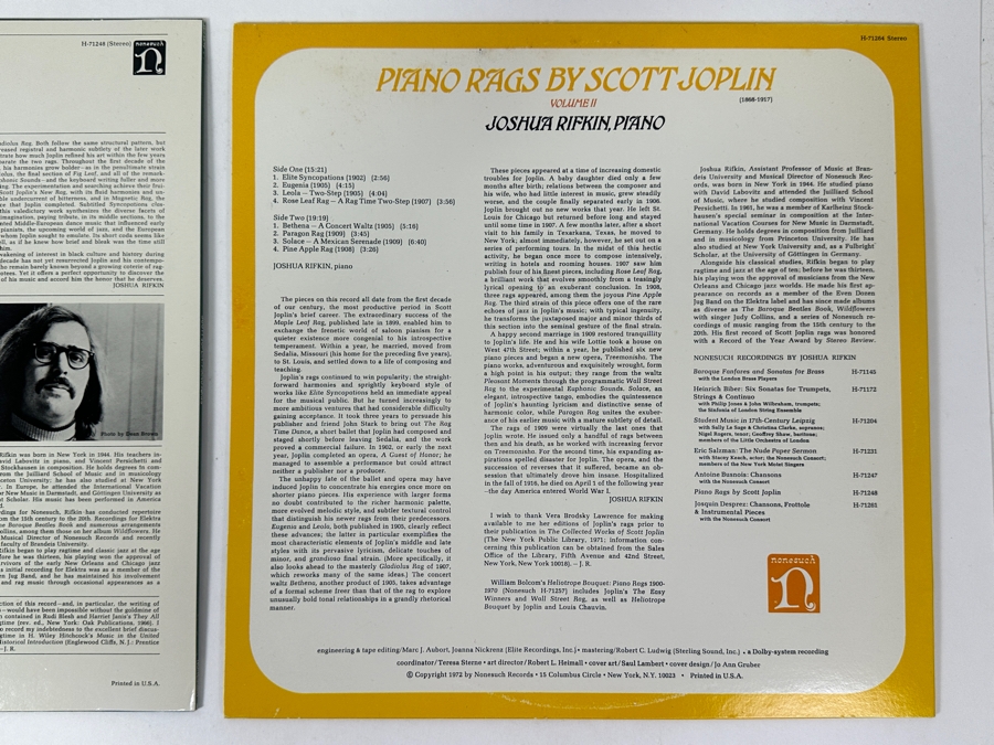 Joshua Rifkin (Piano) - Piano Rags By Scott Joplin Volumes I & II, Nonesuch HB-73026, 1973 2 x Vinyl Record [Photo 4]