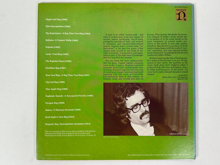 Joshua Rifkin (Piano) - Piano Rags By Scott Joplin Volumes I & II, Nonesuch HB-73026, 1973 2 x Vinyl Record [Photo 2]