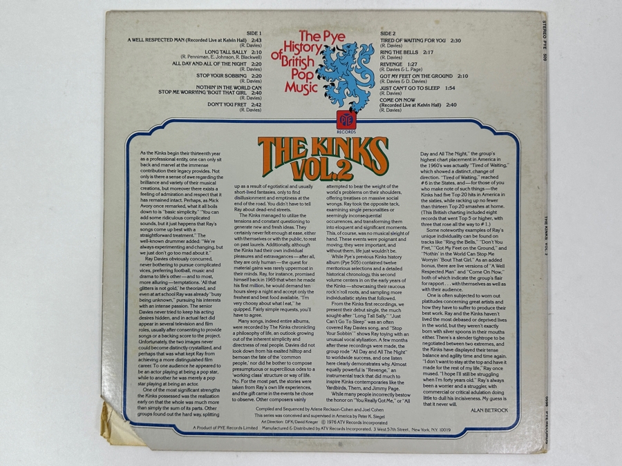 The Kinks - The Kinks Vol. 2 (The Pye History Of British Pop Music) Compilation Pye Records PYE 509 1968 Vinyl Record [Photo 4]