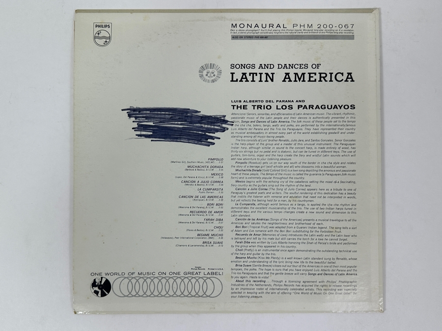 Luis Alberto Del Parana And The Trio Los Paraguayos - Songs And Dances Of Latin America - Philips, PHM 200-067, 1962 Vinyl Record [Photo 2]