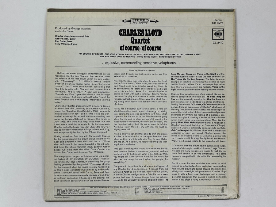 Charles Lloyd Quartet - Of Course, Of Course Columbia CL 2412 1965 Vinyl Record [Photo 2]