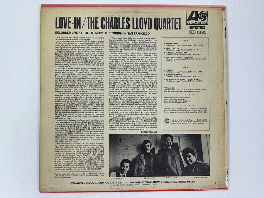 The Charles Lloyd Quartet - Love-In, Atlantic SD 1481, 1967 Vinyl Record [Photo 2]