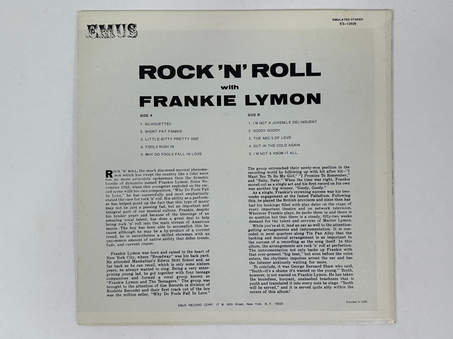 Frankie Lymon - Rock'N Roll EMUS ES-12029 1975 Vinyl Record [Photo 2]