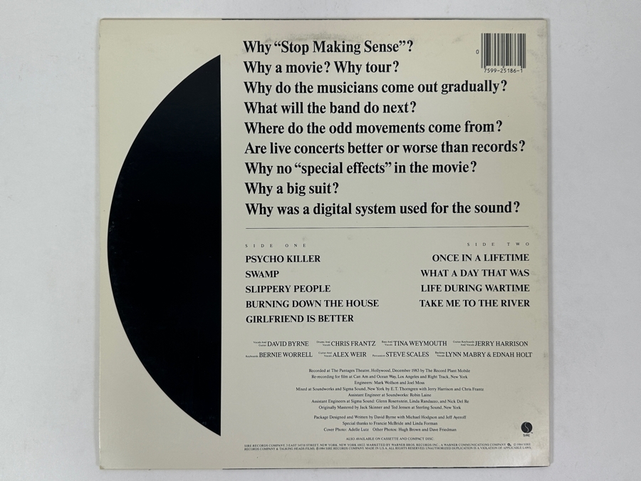 Talking Heads - Stop Making Sense, Sire Records, 1-25186, 1984, An Iconic Live Performance Captured On Vinyl Record [Photo 2]