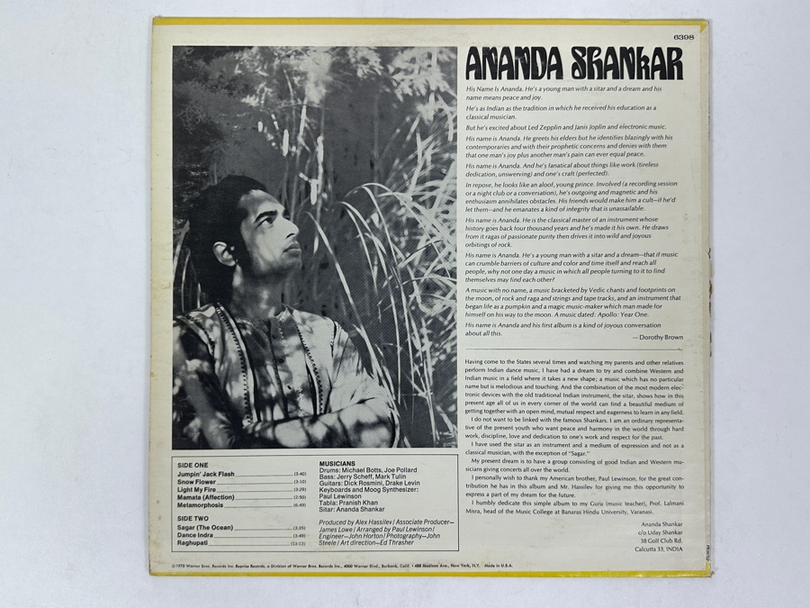 Ananda Shankar - Ananda Shankar, Featuring Sitar And Electronic Music, Reprise Records RS 6398 1970 Vinyl Record [Photo 2]