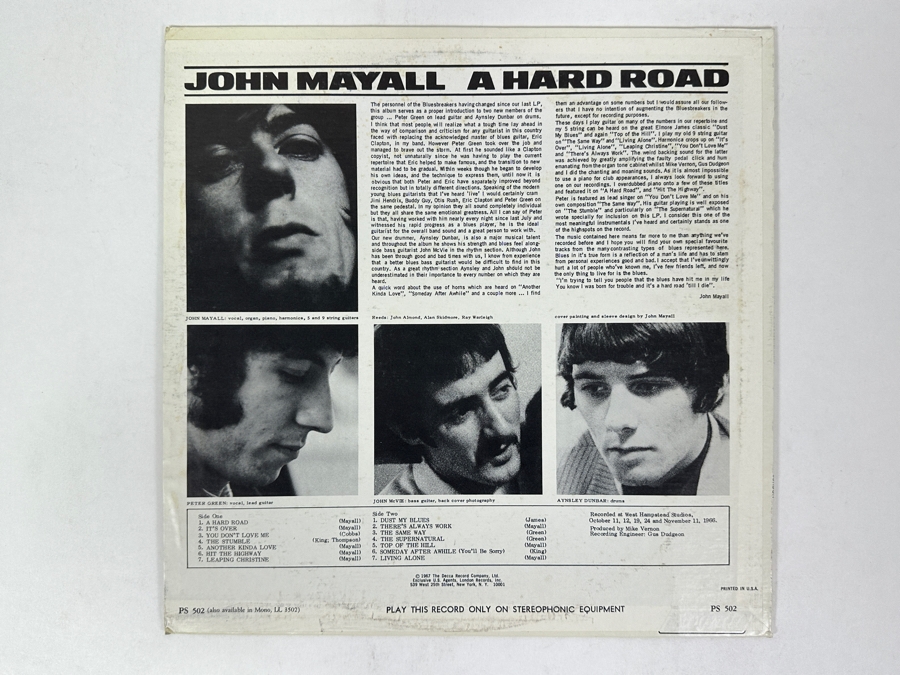 John Mayall And The Bluesbreakers - A Hard Road London PS 502 1967 Vinyl Record [Photo 2]