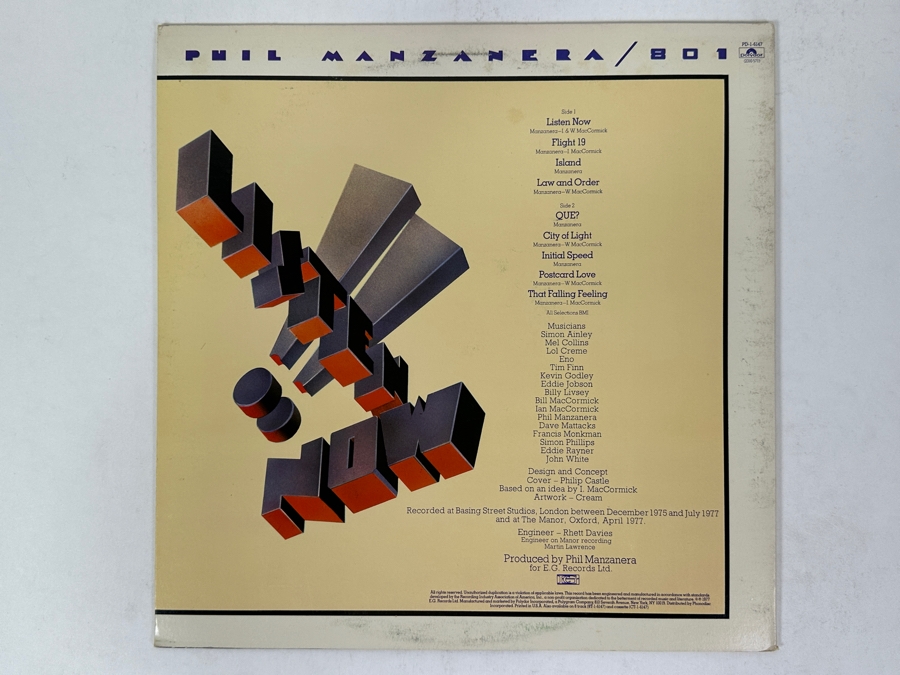 Phil Manzanera - 801, Featuring Surreal Artwork Of Intertwined Faces With Covered Eyes And A Golden Chain Against Skyscrapers, Polydor PD-1-6147 1976 Vinyl Record [Photo 3]