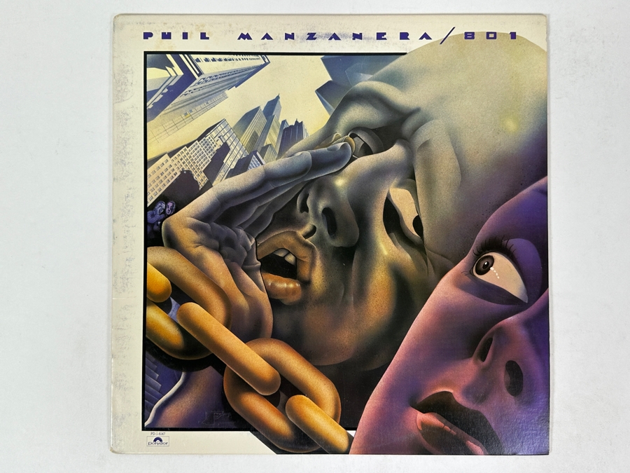 Phil Manzanera - 801, Featuring Surreal Artwork Of Intertwined Faces With Covered Eyes And A Golden Chain Against Skyscrapers, Polydor PD-1-6147 1976 Vinyl Record [Photo 2]