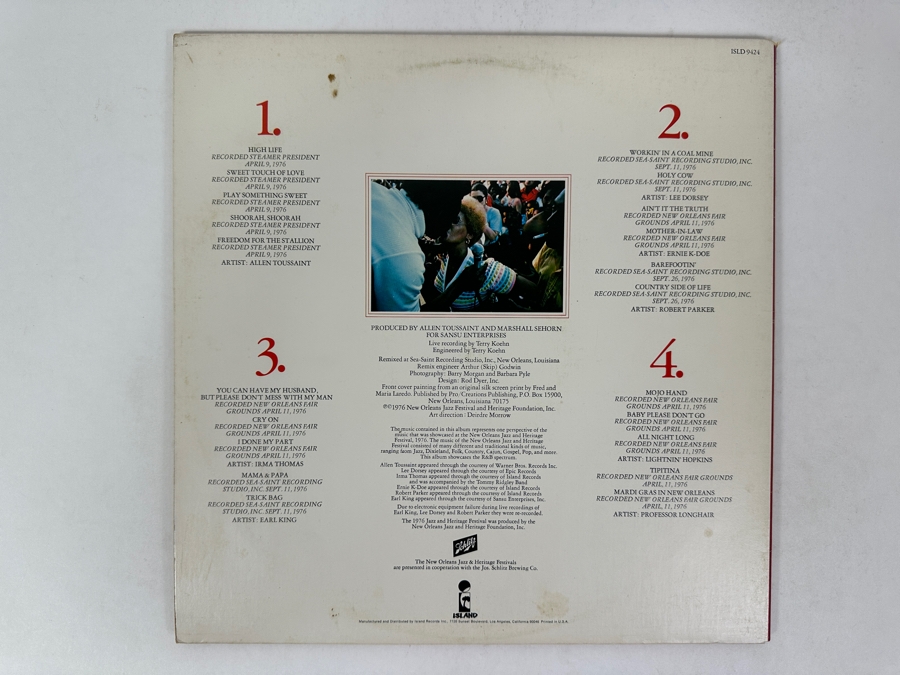 Various Artists - New Orleans Jazz & Heritage Festival 1976. Island Records ISLD 9424 1976 Vinyl Record [Photo 3]