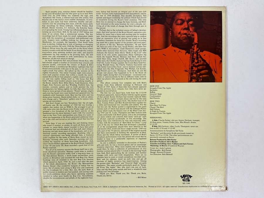 Charlie Parker - Bird At The Roost - The Savoy Sessions Savoy SFL 1108 1976 Classic Jazz Vinyl Record [Photo 2]