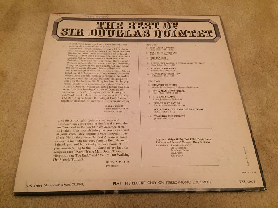 Sir Douglas Quintet, The - The Best Of The Sir Douglas Quintet - Tribe Records ‎- TRS 47001 [Photo 2]