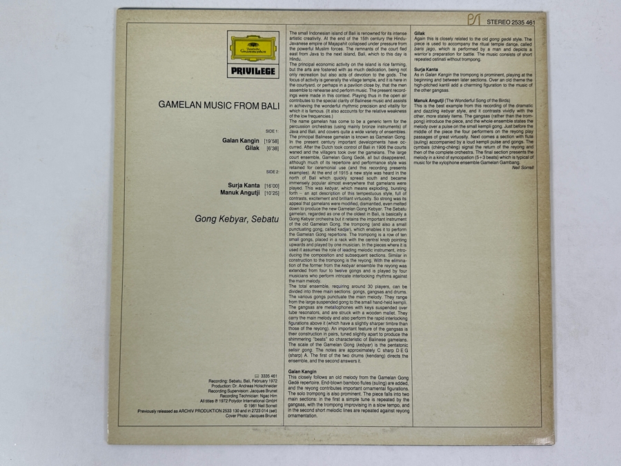 Gamelan Music - From Bali. Deutsche Grammophon Privilege, 2535 461, 1976. Vinyl Record [Photo 2]