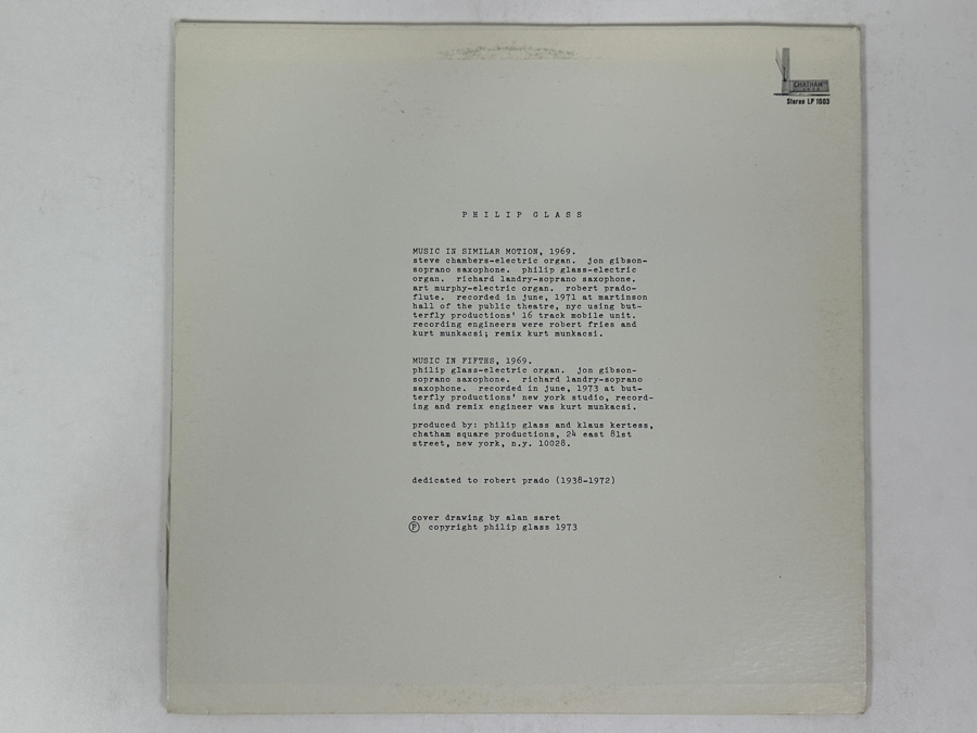 Philip Glass (King Crimson) - Music In Similar Motion / Music In Fifths Chatham LP 1003 1973 Vinyl Record [Photo 2]