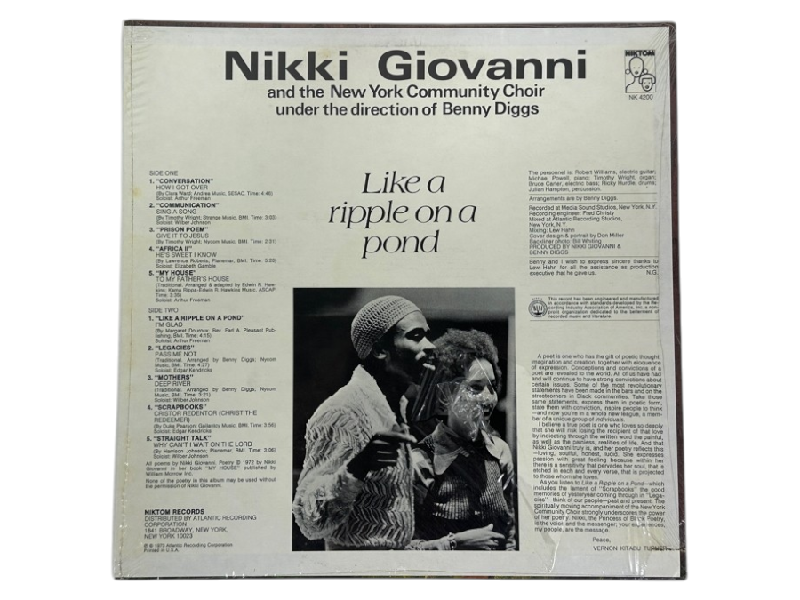 Factory Sealed Nikki Giovanni And The New York Community Choir - Like A Ripple On A Pond. Niktom Records. NK 4200. 1973. Vinyl Record [Photo 3]