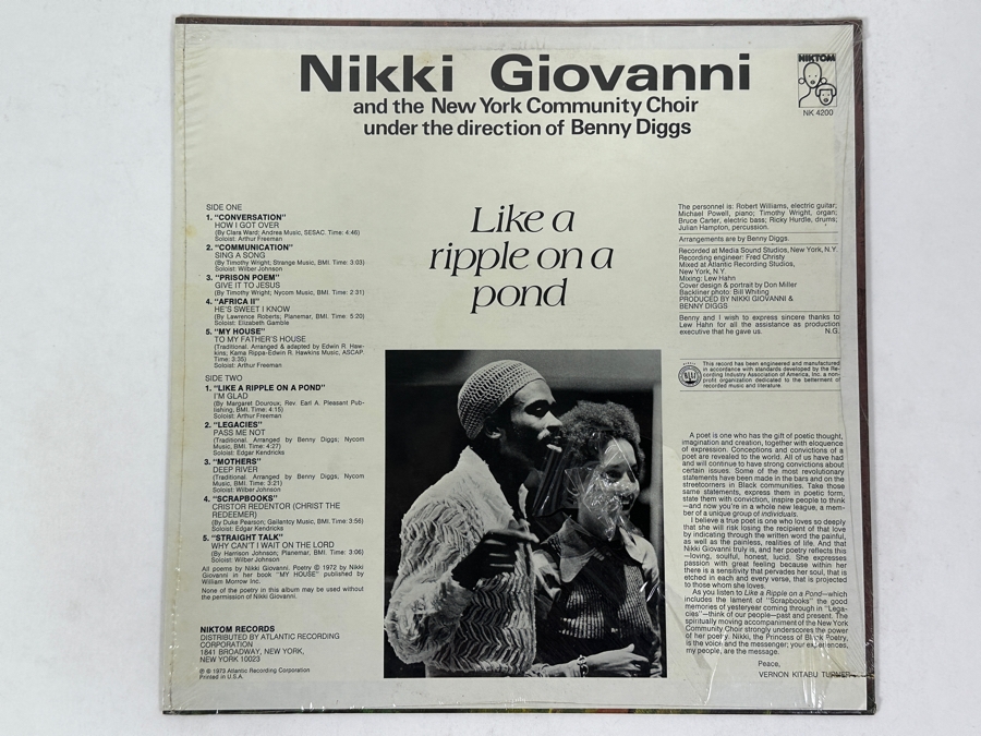 Factory Sealed Nikki Giovanni And The New York Community Choir - Like A Ripple On A Pond. Niktom Records. NK 4200. 1973. Vinyl Record [Photo 2]