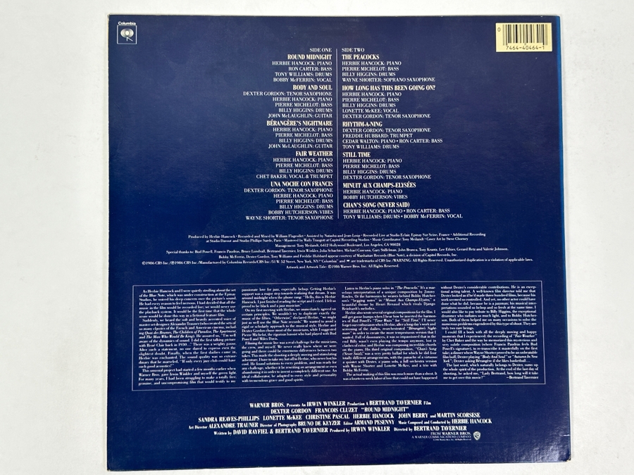 Round Midnight - Round Midnight Featuring Saxophonist Dexter Gordon Columbia SC 40464 1986 Vinyl Record [Photo 2]