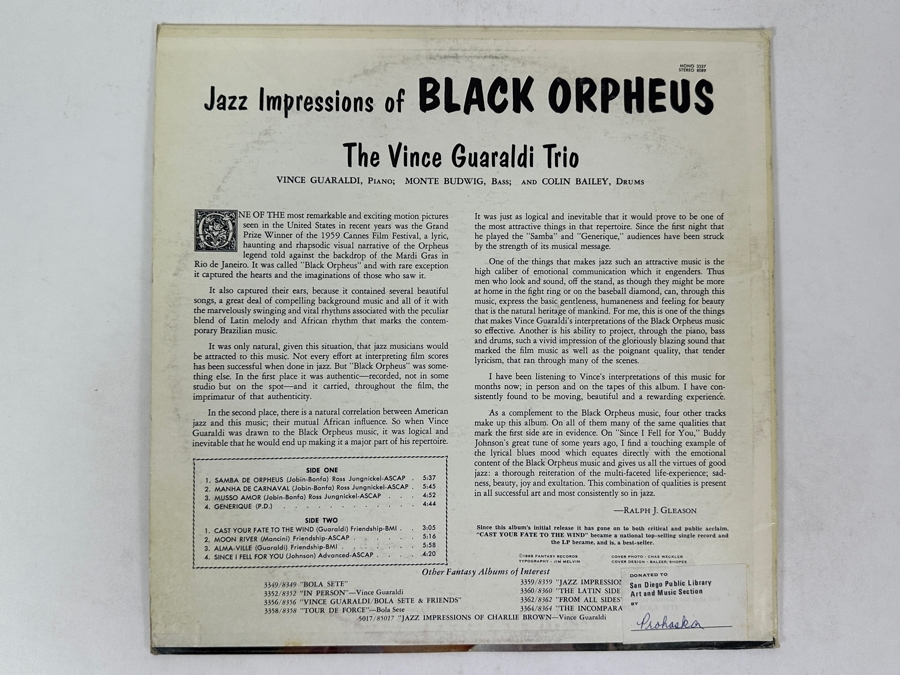 Vince Guaraldi Trio - Cast Your Fate To The Wind / Jazz Impressions Of Black Orpheus. Fantasy 8089, 1962 Vinyl Record [Photo 2]