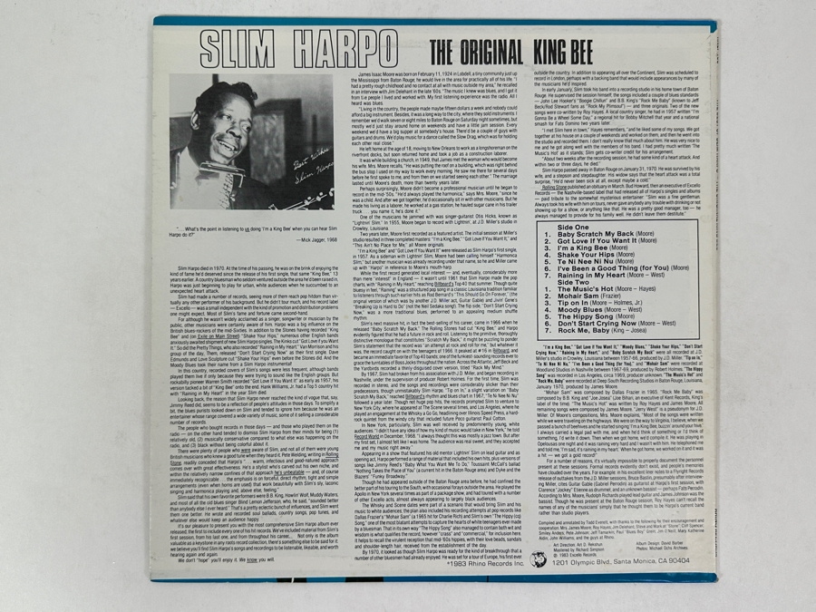 Slim Harpo - The Best Of Slim Harpo - The Original King Bee, Rhino RNLP Number 106, 1984 Vinyl Record [Photo 2]