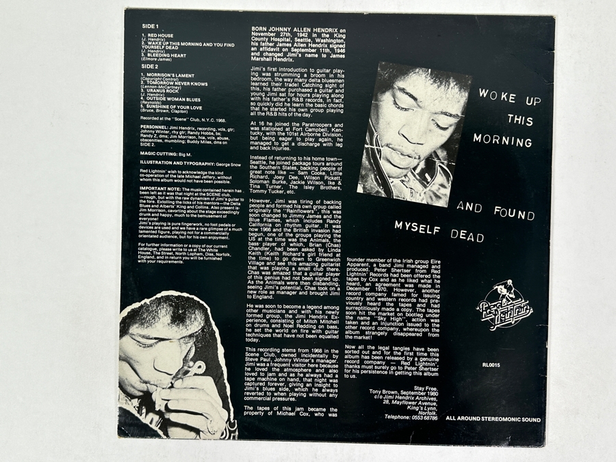 Jimi Hendrix - Woke Up This Morning - And Found Myself Dead - Red Lightnin' – RL0015 1980 Vinyl Record [Photo 2]