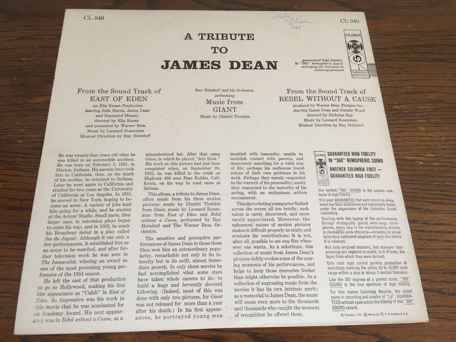 Ray Heindorf - Warner Bros. Studio Orchestra ‎- A Tribute To James Dean. Music From Giant, East Of Eden, Rebel Without A Cause - Columbia ‎- CL 940 [Photo 2]