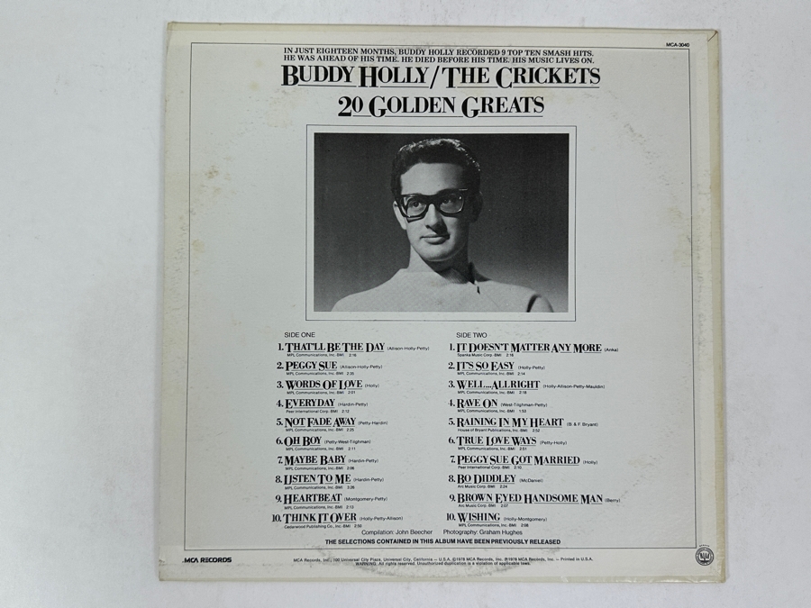 Buddy Holly / The Crickets - 20 Golden Greats, Music For Pleasure, MCA Records, MCA-3040, 1978 Vinyl Record [Photo 2]
