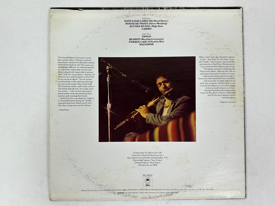 Paul Horn - Altura Do Sol (High Sun) Epic PE 33177 1976 Vinyl Record [Photo 2]