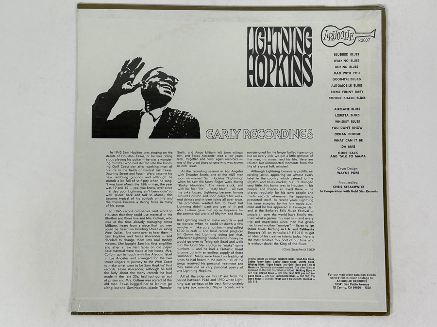 Factory Sealed Lightnin' Hopkins - Early Recordings Arhoolie R2007 Vinyl Record [Photo 2]