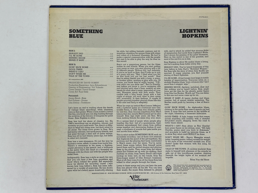 Lightnin' Hopkins - Something Blue, Verve Folkways FTS-3013 1967 Vinyl Record [Photo 2]