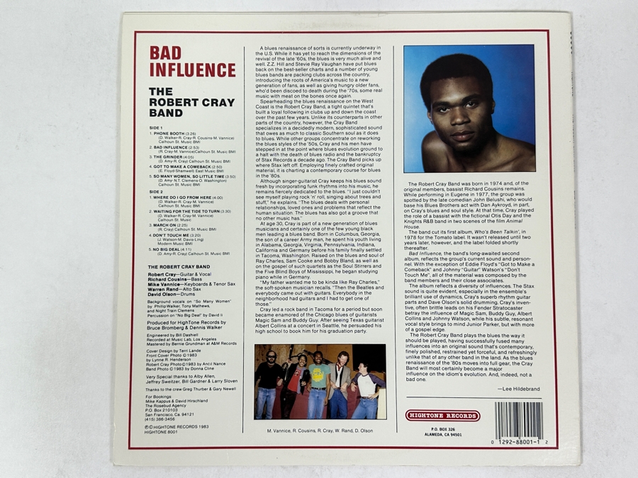 The Robert Cray Band - Bad Influence, Hightone Records HIGHTONE 8001 1983 Blues Rock Vinyl Record [Photo 2]