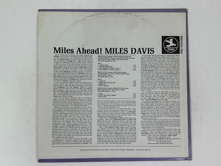 Miles Davis - Miles Ahead! On The Prestige Label, Part Of The Prestige Historical Series, Catalog PR 7822, Featuring Recordings From 1953-54, Released In 1970 Vinyl Record [Photo 2]