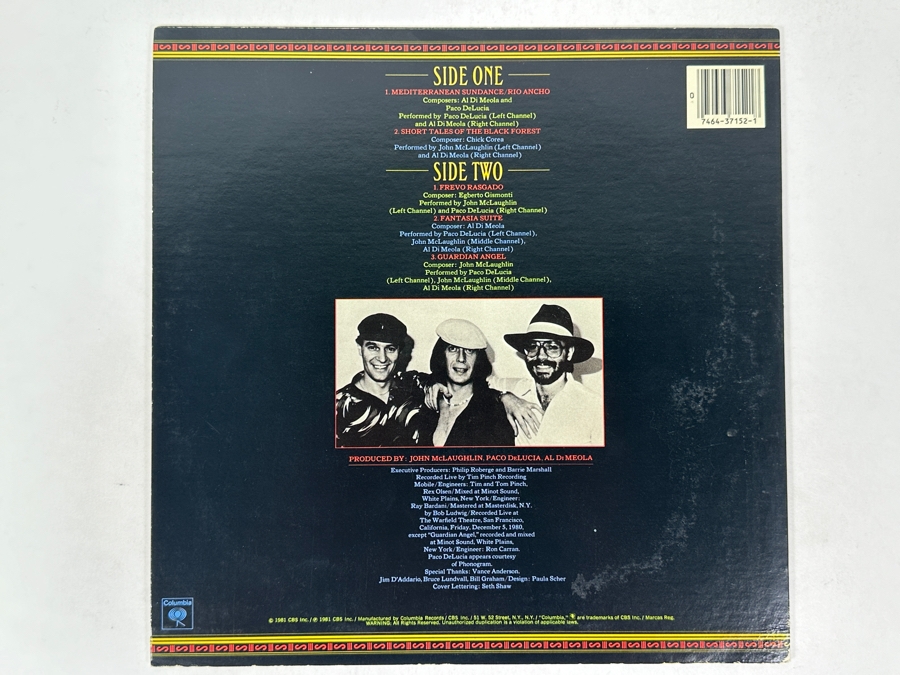 John McLaughlin, Al Di Meola, Paco De Lucia - Friday Night In San Francisco. Columbia [FC 37152], 1981 Vinyl Record [Photo 2]