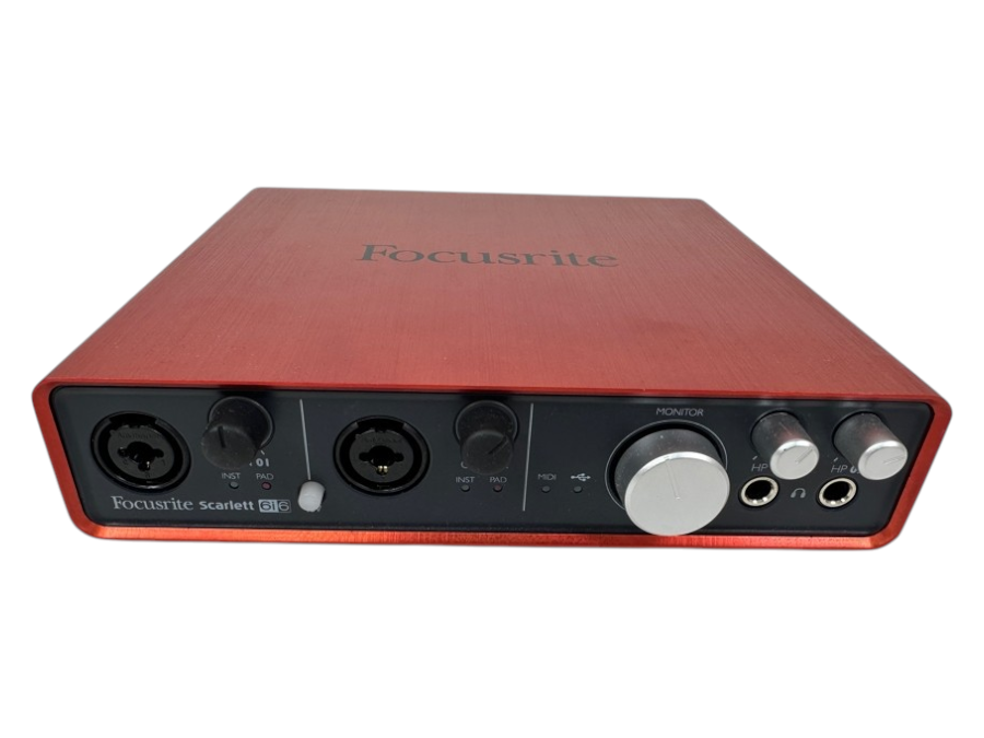 Focusrite Scarlett 6i6 Audio Interface: A Compact Red Unit For Music Production, Featuring XLR Inputs, Headphone Outputs, And MIDI Connectivity