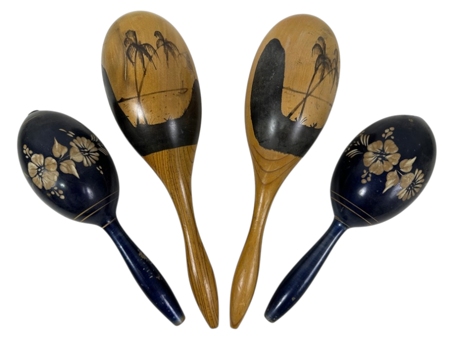 Four Hand-Carved / Painted Wooden Maracas, Two Light Wood With Palm Trees, Two Dark Blue With Hibiscus Flowers - Largest Is 12'L