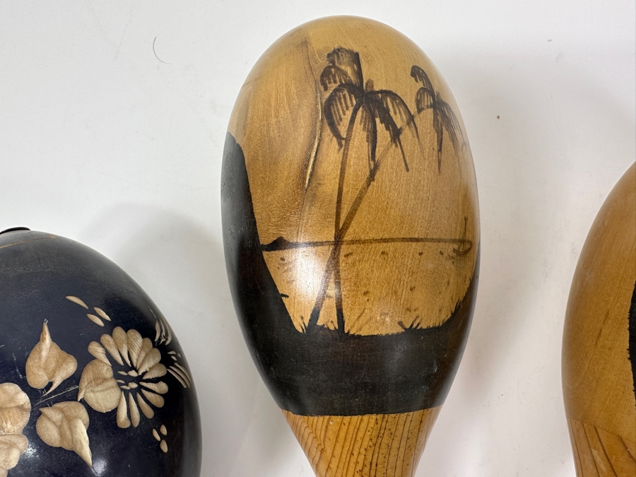 Four Hand-Carved / Painted Wooden Maracas, Two Light Wood With Palm Trees, Two Dark Blue With Hibiscus Flowers - Largest Is 12'L [Photo 3]