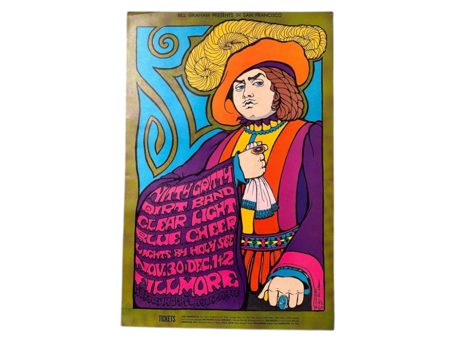 Vintage 1967 Bonnie MacLean's Nitty Gritty Dirt Band, Clear Light & Blue Cheer Concert Poster Fillmore Bill Graham Presents In San Francisco BG #95-1 14' X 21'
